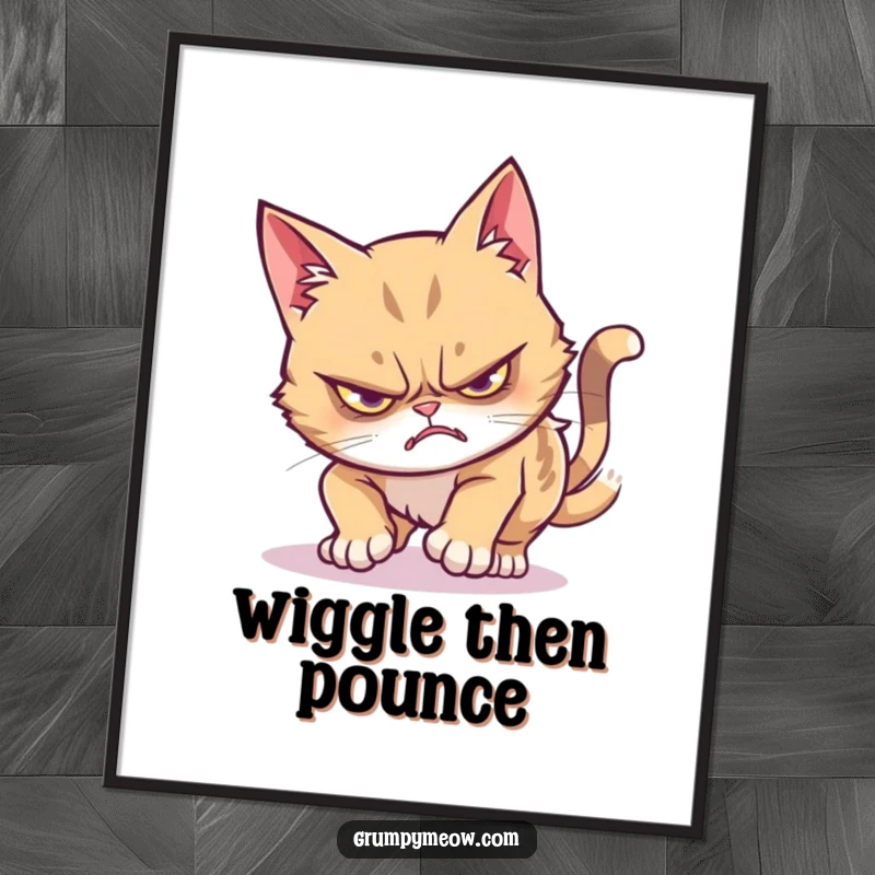 Funny grumpy cat digital art print of a stealthy pounce attempt ending in a comical wiggle, perfect for humorous wall decor.