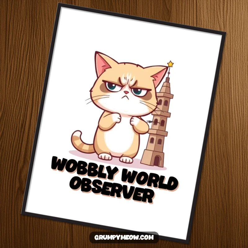 Funny digital art print of a grumpy cat giving a sideways, judgmental glance at a wobbly tower, bringing witty feline disapproval to any space.