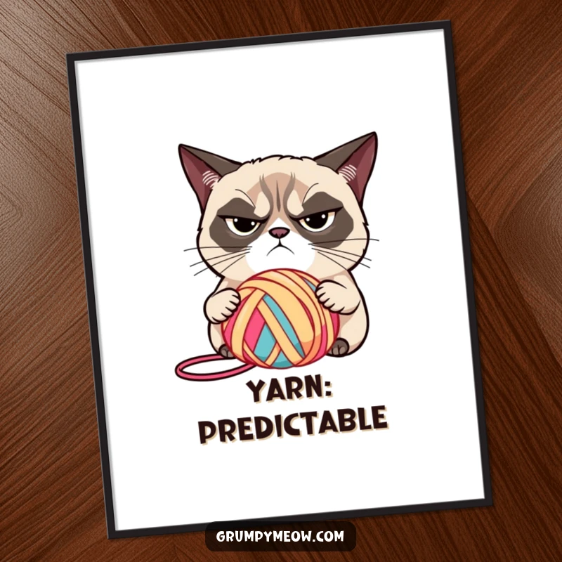 Funny grumpy cat with narrowed eyes, judging a brightly colored ball of yarn, digital art for printing, an excellent funny gift.