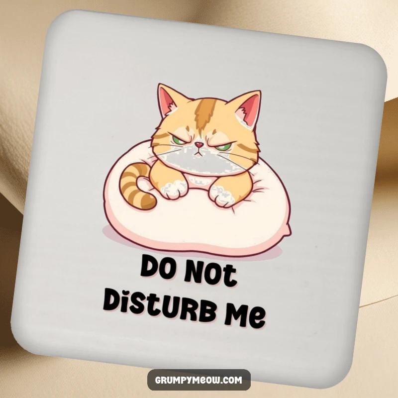 Funny Coaster: A scowling cat attempts to nap on a pillow, ready to guard tabletops with grumpy feline flair.