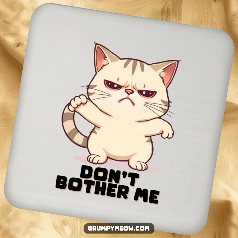 Funny grumpy cat drink coaster featuring a feline in a minimal, unenthusiastic stretch, protecting furniture with style.
