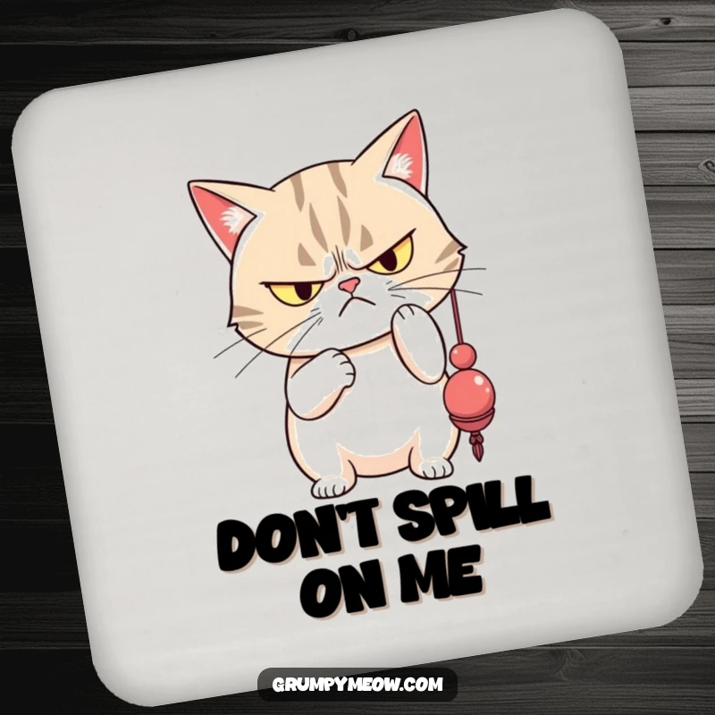 Funny grumpy cat with narrowed eyes disdainfully batting a dangling toy, protecting surfaces with attitude.