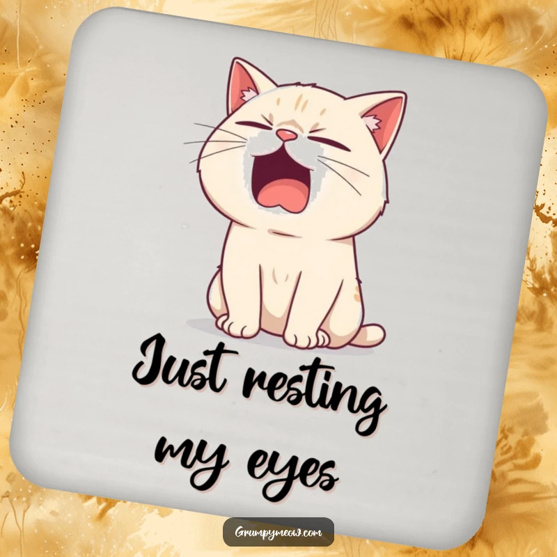 Funny coaster with a bored cat yawning, a sarcastic twinkle in its eye, protecting surfaces with humorous feline style.