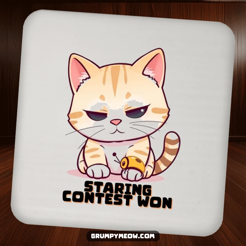 Funny cat drink coasters featuring a cat squinting its eyes, peering intently at a tiny insect, adding a humorous touch to protection.