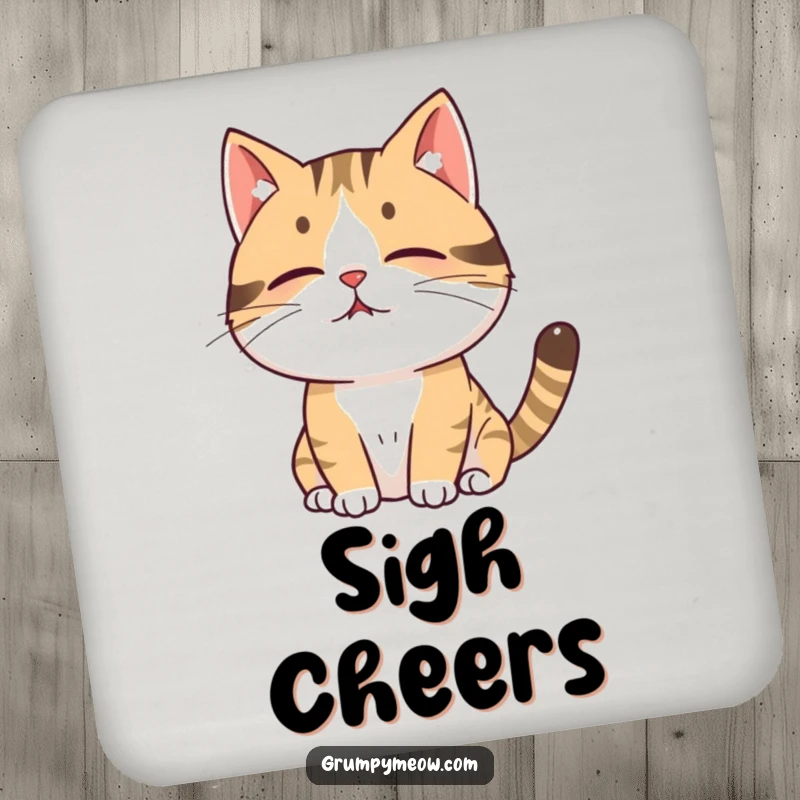 Funny cat drink coasters featuring a cat sighing deeply, exhaling a puff of air, adding a humorous element to drink protection.