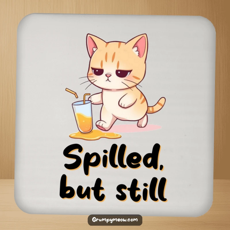 Funny cat drink coasters featuring a cat with a resigned expression, walking away from a spilled drink, adding humor to protection.