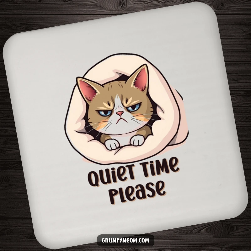 Funny grumpy cat drink coaster, peeking from under a blanket with a frown, protecting surfaces with a grumpy charm.