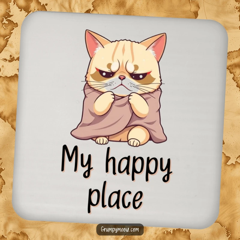 Funny drink coasters with a grumpy cat dramatically sighing under a blanket, adding a touch of humorous feline drama to any surface.