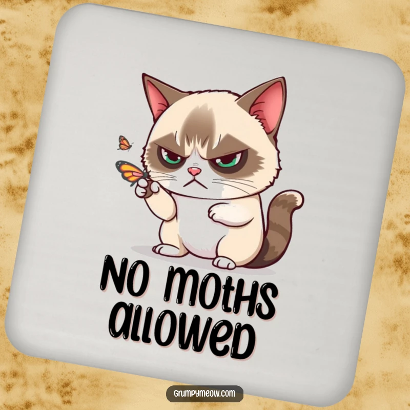 Funny grumpy cat disdainfully batting away a playful butterfly with one paw on a drink coaster, a stylish funny gift.