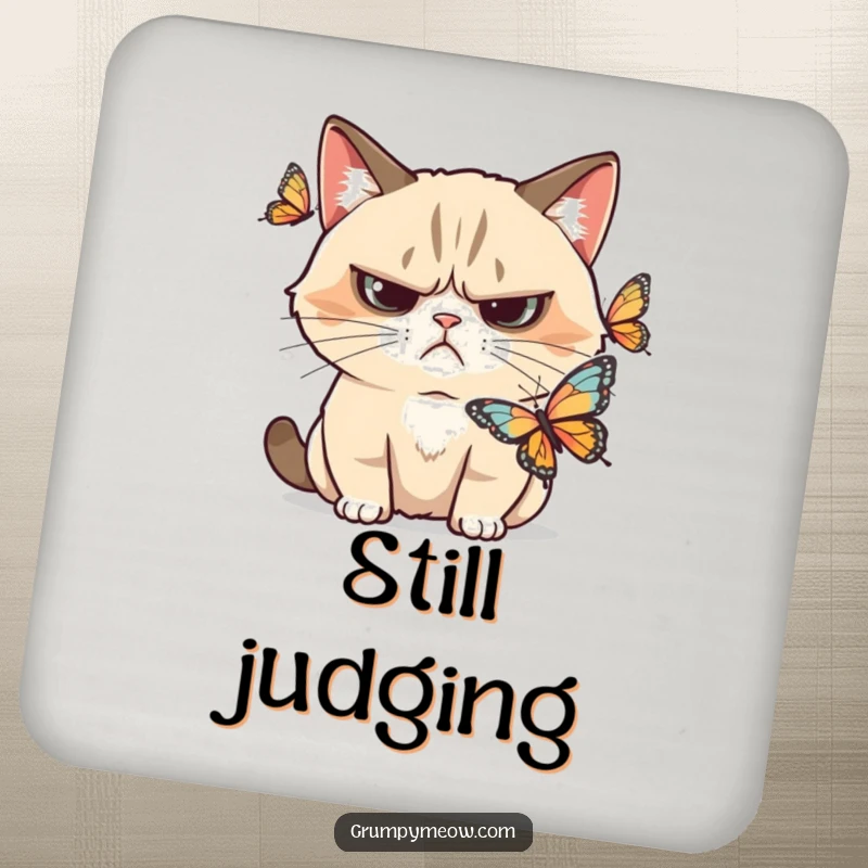Funny grumpy cat coaster, with a skeptical frown, observing a butterfly, a charming funny gift for surfaces.