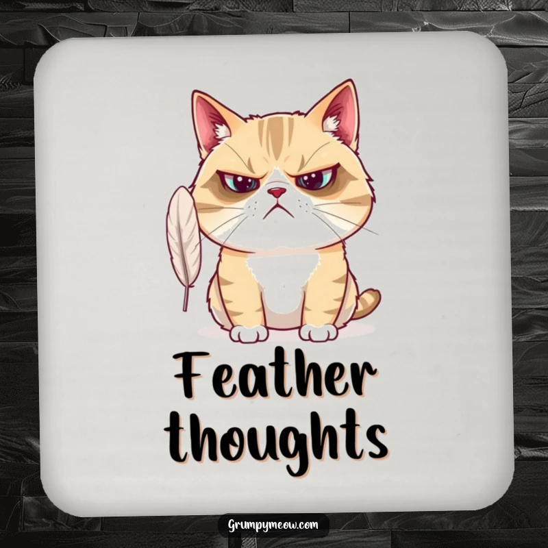 Funny Grumpy Cat Coaster: A grumpy cat looks bewildered at a feather, protecting surfaces with confused charm.