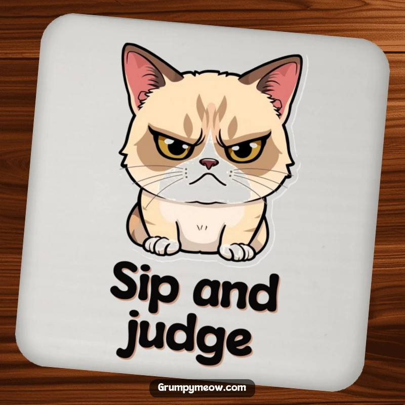 Funny Drink Coaster showcasing a grumpy cat glaring with a tiny, hidden smile, adding a touch of humorous attitude to surfaces.