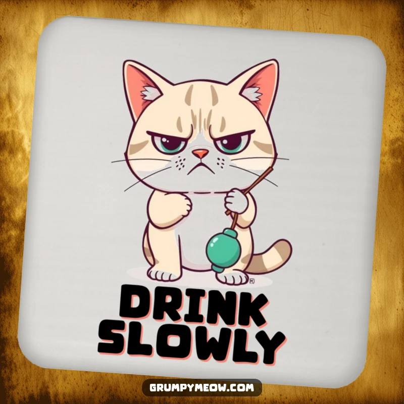 Funny Drink Coaster showcasing a grumpy cat looking unimpressed while swatting a dangling toy, adding a touch of humorous indifference.