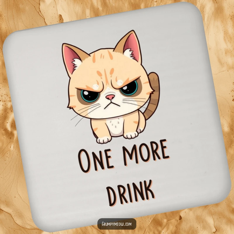 Funny drink coaster showing a grumpy cat with a twitchy reaction to a head scratch, adding humor and surface protection.