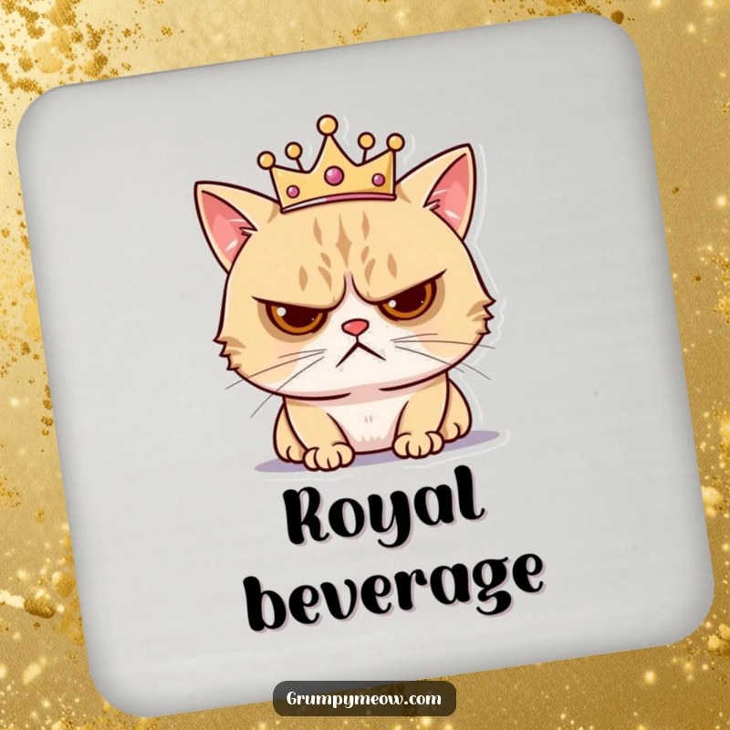 Funny drink coasters with a grumpy cat wearing a tiny crown, looking annoyed, bringing humorous feline royalty and displeasure to surfaces.