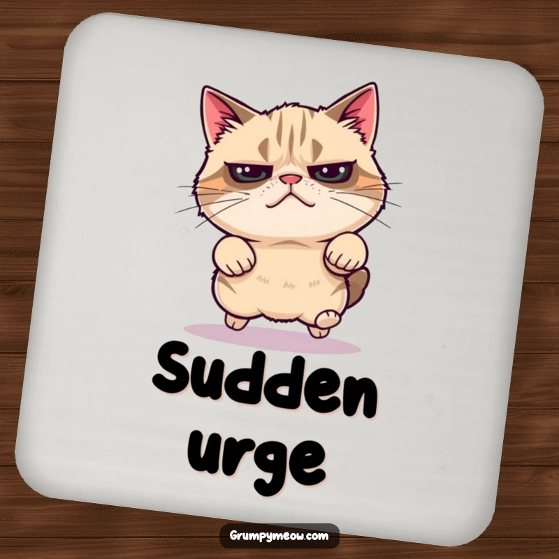 Funny grumpy cat coaster, mid-leap with energy, adding dynamic detail, a charming funny gift.