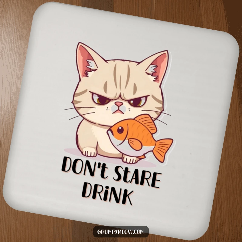 Funny grumpy cat drink coaster, frowning, intensely focused on a fish, adding humorous protection to surfaces.