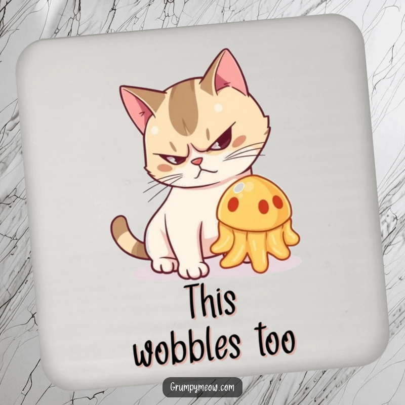 Funny drink coaster with a grumpy cat arching its back and hissing at a wobbling jelly, perfect for protection.