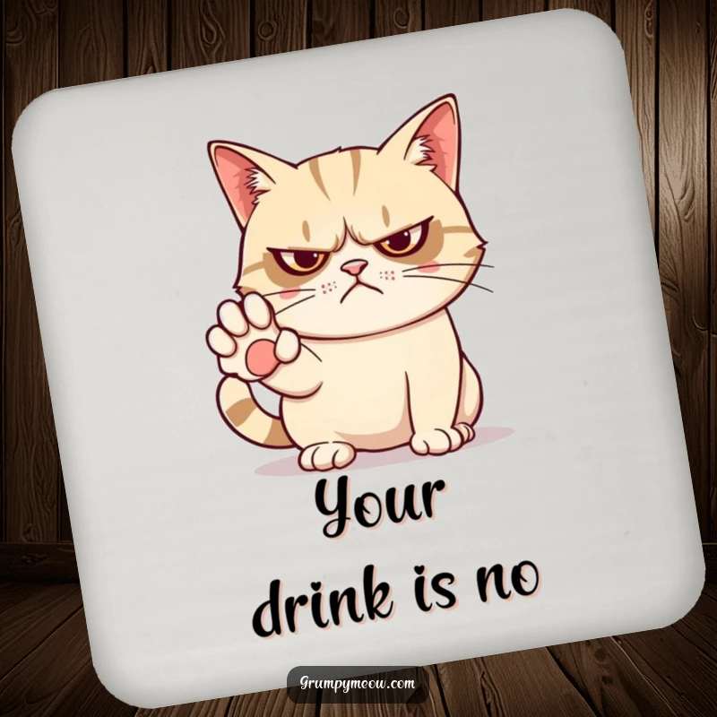 Funny coaster featuring a grumpy cat with a paw outstretched, conveying a humorous 'no' to drinks.