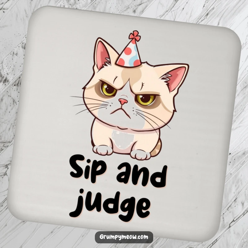 Funny drink coaster featuring a grumpy cat comically wearing a tiny, askew party hat, adding humorous charm.