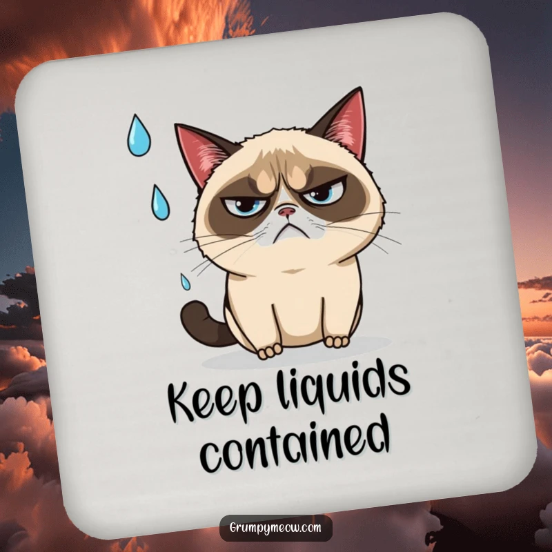 Funny grumpy cat narrowly dodging a falling raindrop with an annoyed sigh on a drink coaster, a stylish funny gift.
