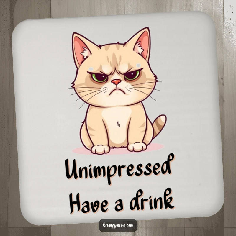 Funny grumpy cat drink coaster with a cat unimpressed by a shiny object, adding humor to surfaces.