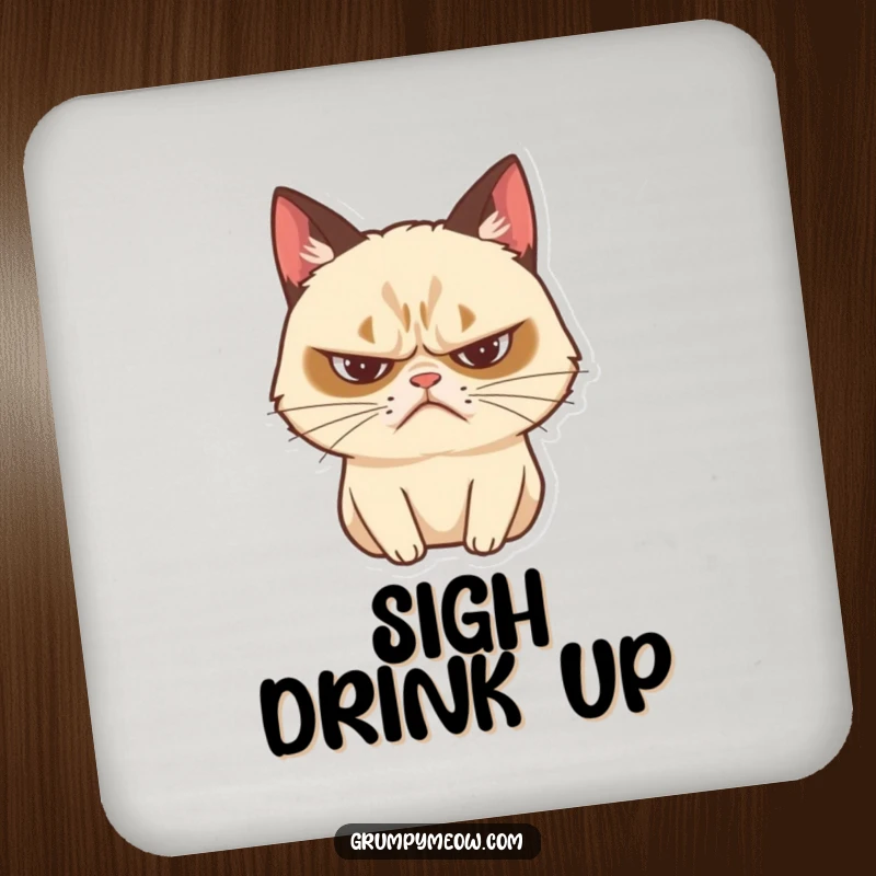 Funny grumpy cat drink coaster with a dramatic sigh and frown, adding humor to surfaces.
