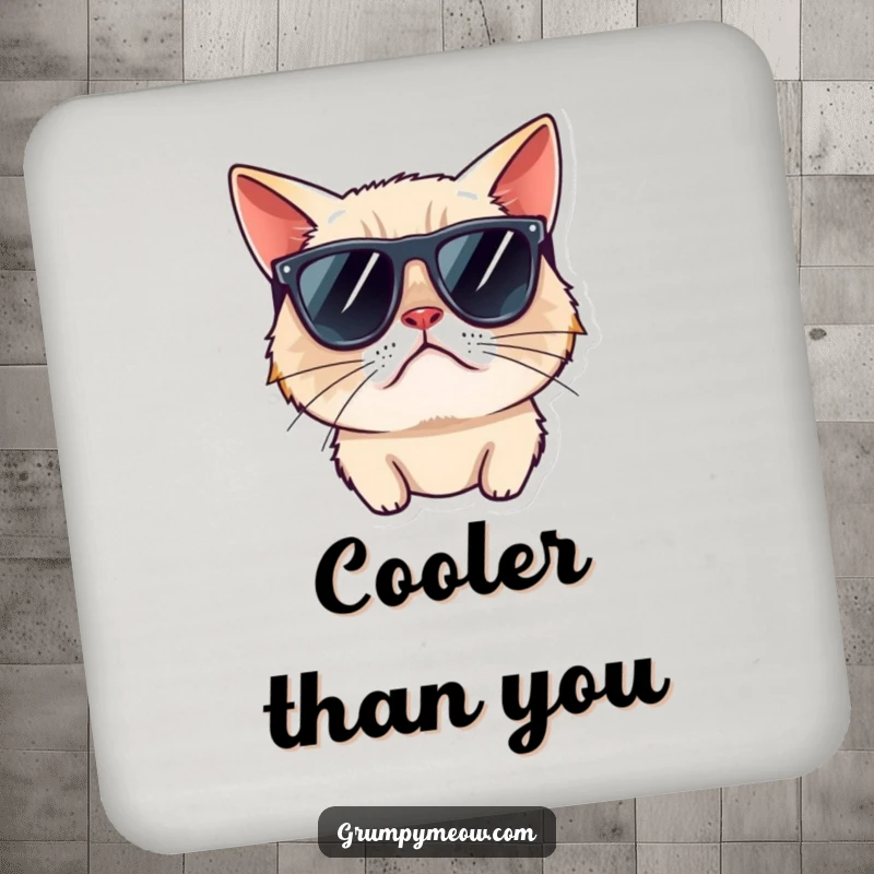 Funny grumpy cat drink coaster, wearing sunglasses, looking away rudely, adding humorous and stylish protection.