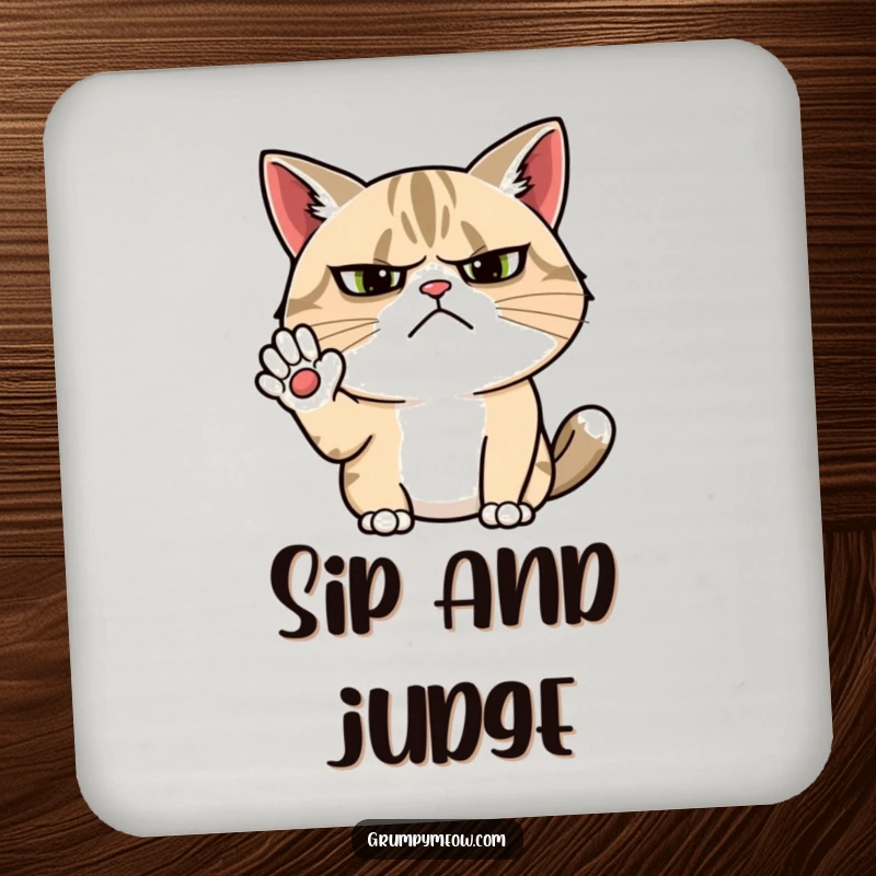 Funny grumpy cat drink coaster depicting a cat with a furrowed brow attempting a cheerful, yet sarcastic, wave.