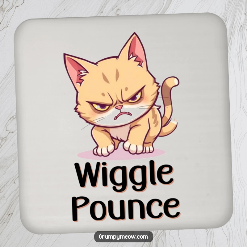Funny grumpy cat drink coaster depicting a stealthy pounce ending in a funny wiggle, protecting surfaces with humor.