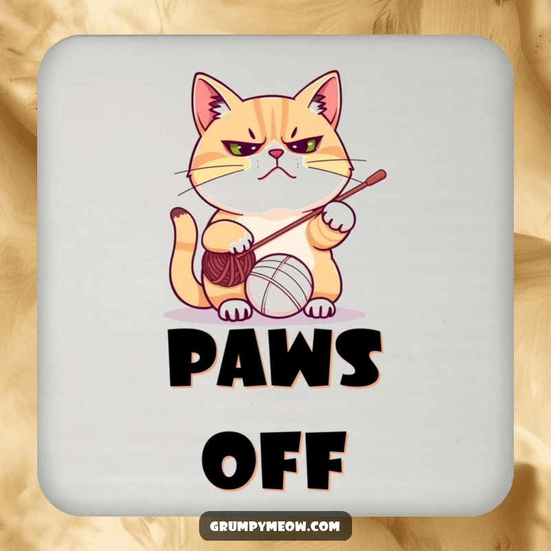 Funny drink coasters featuring a frowning cat batting at a yarn ball, protecting surfaces with feline-inspired playful chaos and humor.