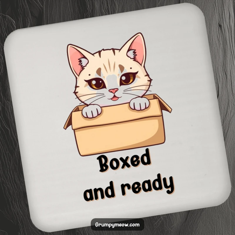Funny Coaster: A cat with furrowed brows peeks from a cardboard box, adding a humorous and practical touch to surface protection.