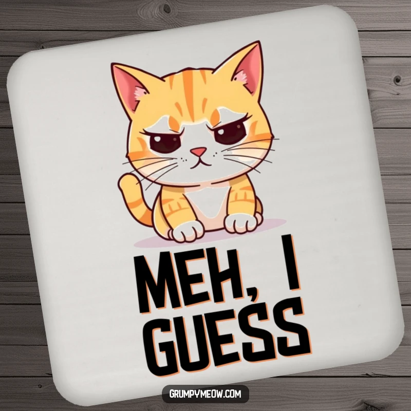 Funny Coaster: An unimpressed cat with crooked whiskers judges a brightly colored object, offering stylish surface protection.