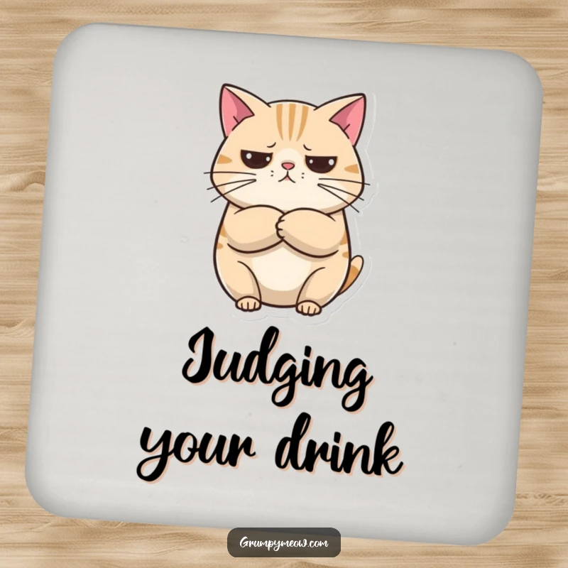 Funny Coaster: A round cat with crossed arms looks unimpressed but curious, adding a humorous and practical touch to surface protection.