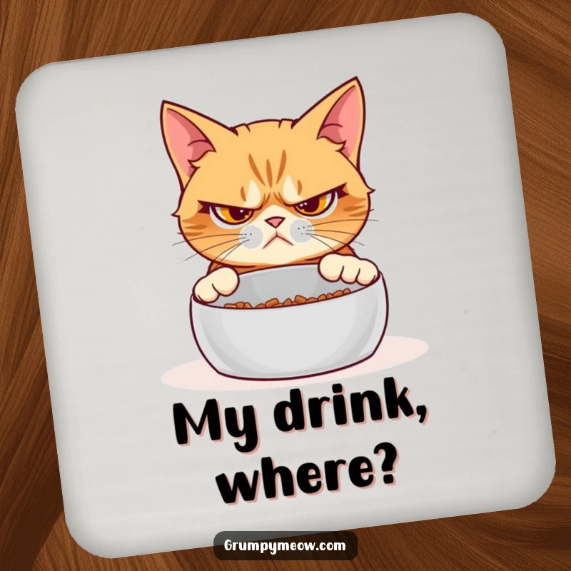 Funny grumpy cat coaster, protecting surfaces, skeptical expression, empty food bowl, humorous drink accessory, table protector.