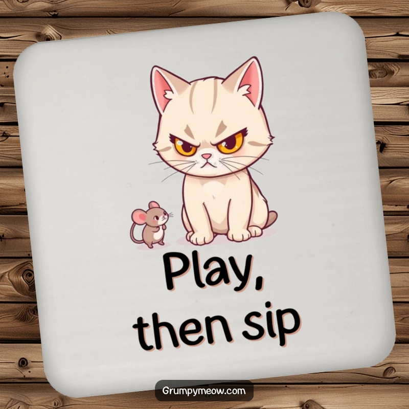 Funny cat drink coasters featuring a cat with a stern look, batting a small mouse toy, adding a humorous touch to protection.