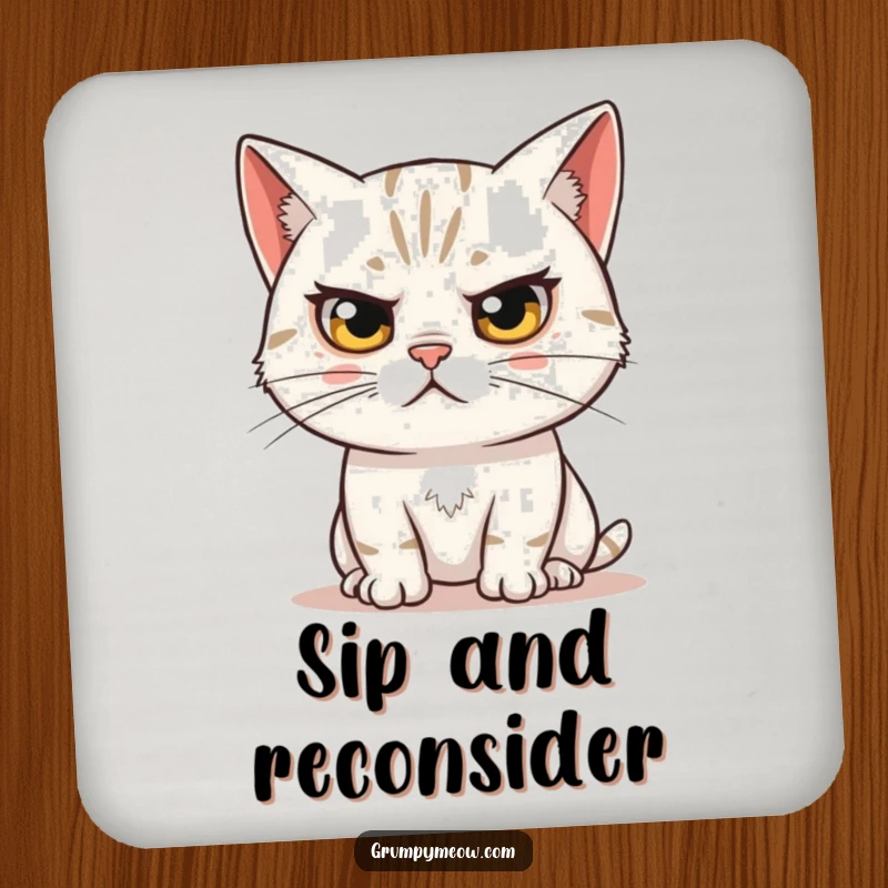 Funny coaster with a skeptical cat's raised eyebrow, observing humorously, perfect for protecting surfaces with wit.