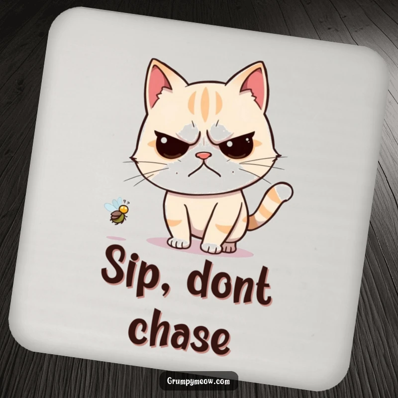 Funny drink coaster with a grumpy cat reluctantly chasing a buzzing fly, perfect for table protection.