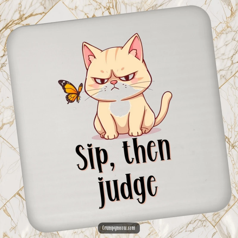 Funny drink coaster: A grumpy cat with narrowed eyes stares at a butterfly, offering humorous protection for surfaces.