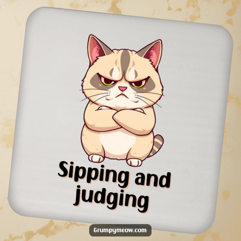 Funny drink coasters with a grumpy cat arms crossed, looking unimpressed, bringing humorous feline sass and attitude to any surface.
