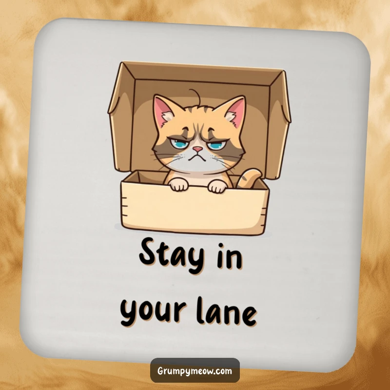 Funny drink coasters featuring a grumpy cat sitting in a box, its whisker twitching with a hint of skepticism, protecting surfaces humorously.