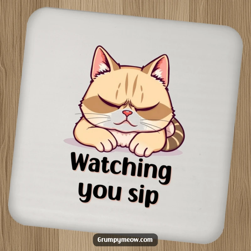 Funny drink coaster showing a grumpy cat feigning sleep with watchful eyes, adding humor and surface protection.