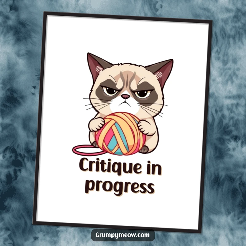 Funny grumpy cat with narrowed eyes, judging a brightly colored ball of yarn, wall art for a funny gift.