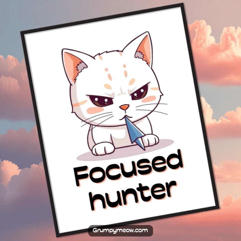 Funny poster art of a cat with intensely narrowed eyes, fixated on a computer cursor, symbolizing the universal battle between cats and screens.