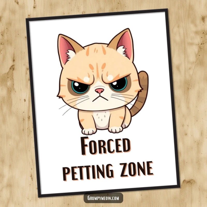 Funny poster artwork depicting a grumpy cat with a subtle twitch while experiencing a head scratch, capturing humorous feline interaction.