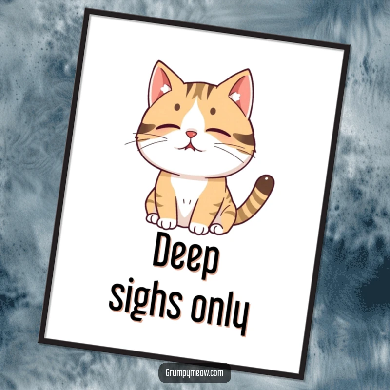 Funny cat poster art of a cat exhaling a puff of air with a sigh, conveying a deep sense of feline weariness and comedic relief.