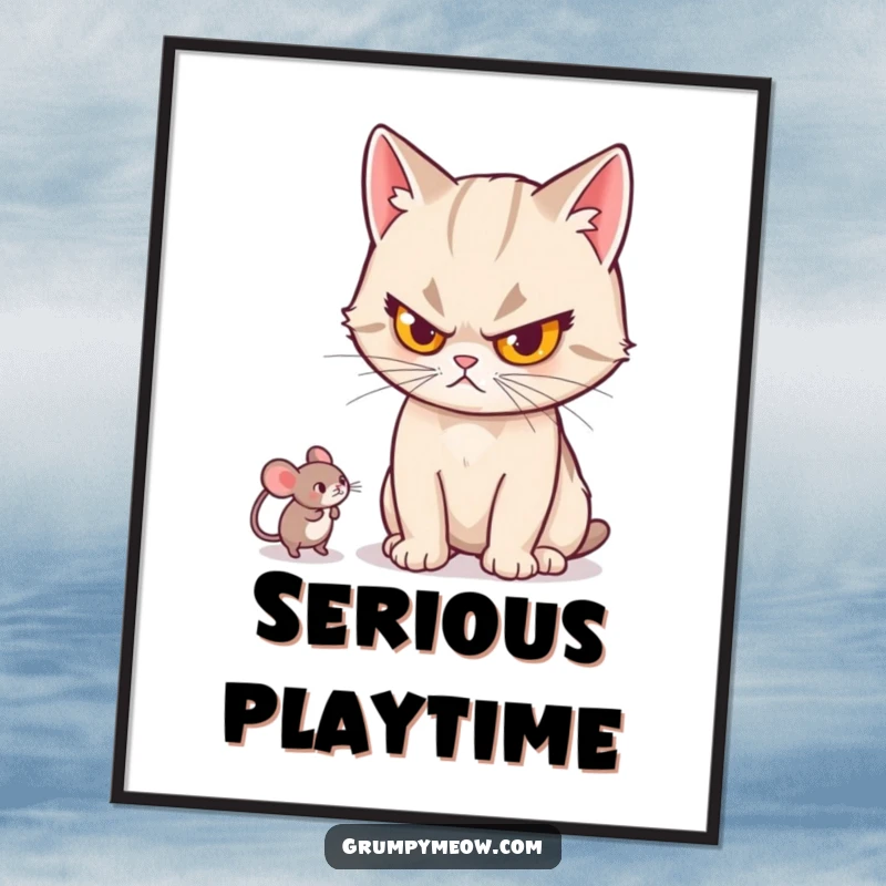 Funny cat poster art of a cat with a stern look, batting a small mouse toy with intense focus and playful aggression.