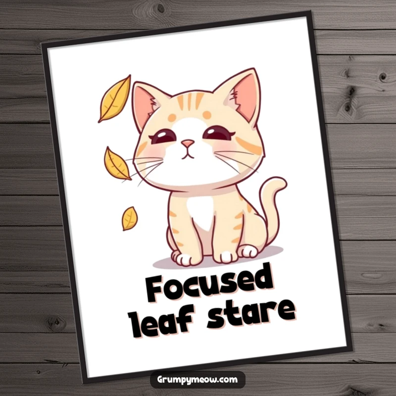 Funny poster of a cat with a completely deadpan expression attempting to capture a falling leaf, adding sarcastic humor.