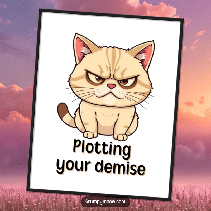 Funny poster art of a grumpy cat with narrowed eyes, intently plotting mischief with a determined and slightly sinister look.