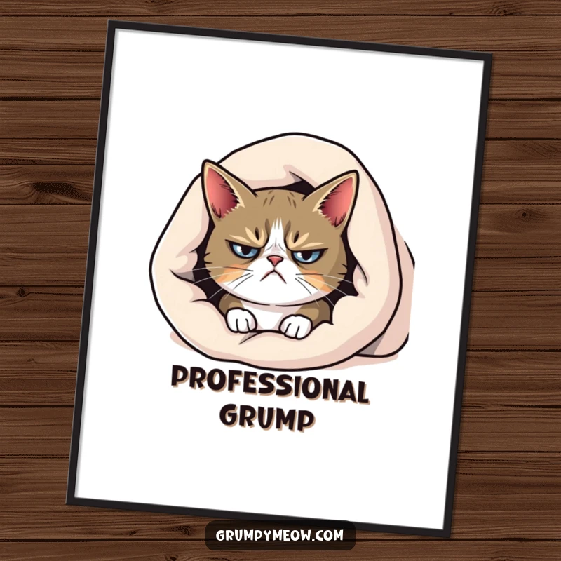 Funny grumpy cat poster, peeking from under a blanket with a frown, capturing a mood of cozy discontent.
